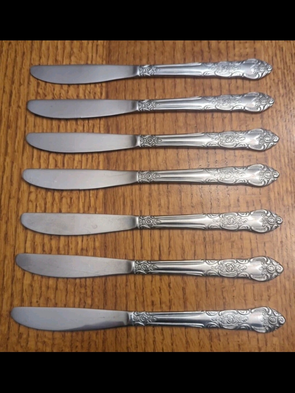 Vintage LUSTREWARE │ Lot of 7 -Korea Stainless Dinner Knives │Rose Design